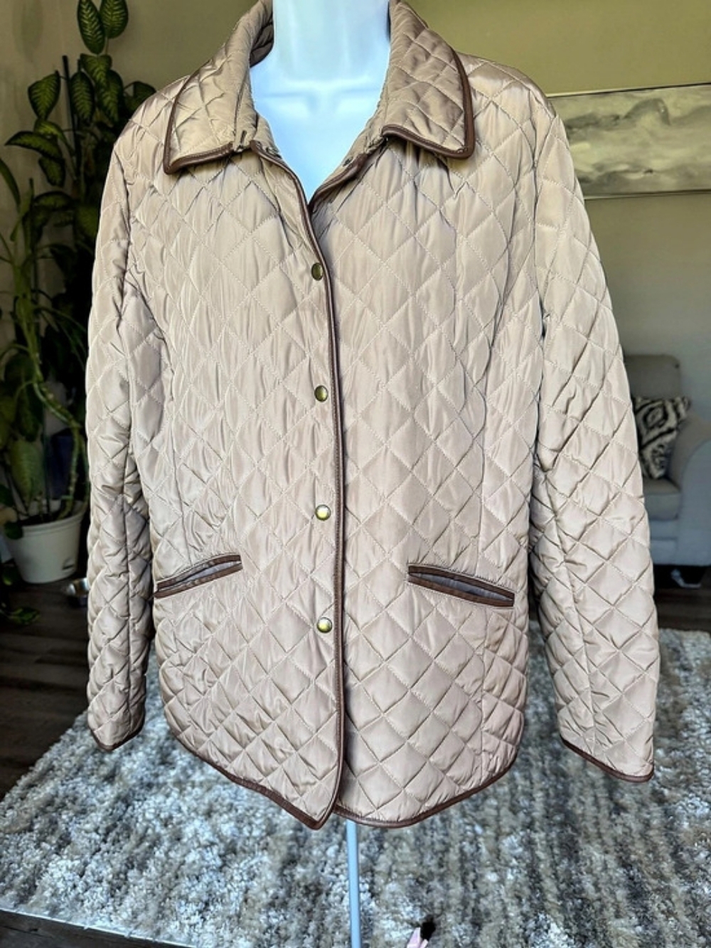 Lauren Ralph Lauren Quilted Equestrian Snap Collared Jacket Beige Women's XL
